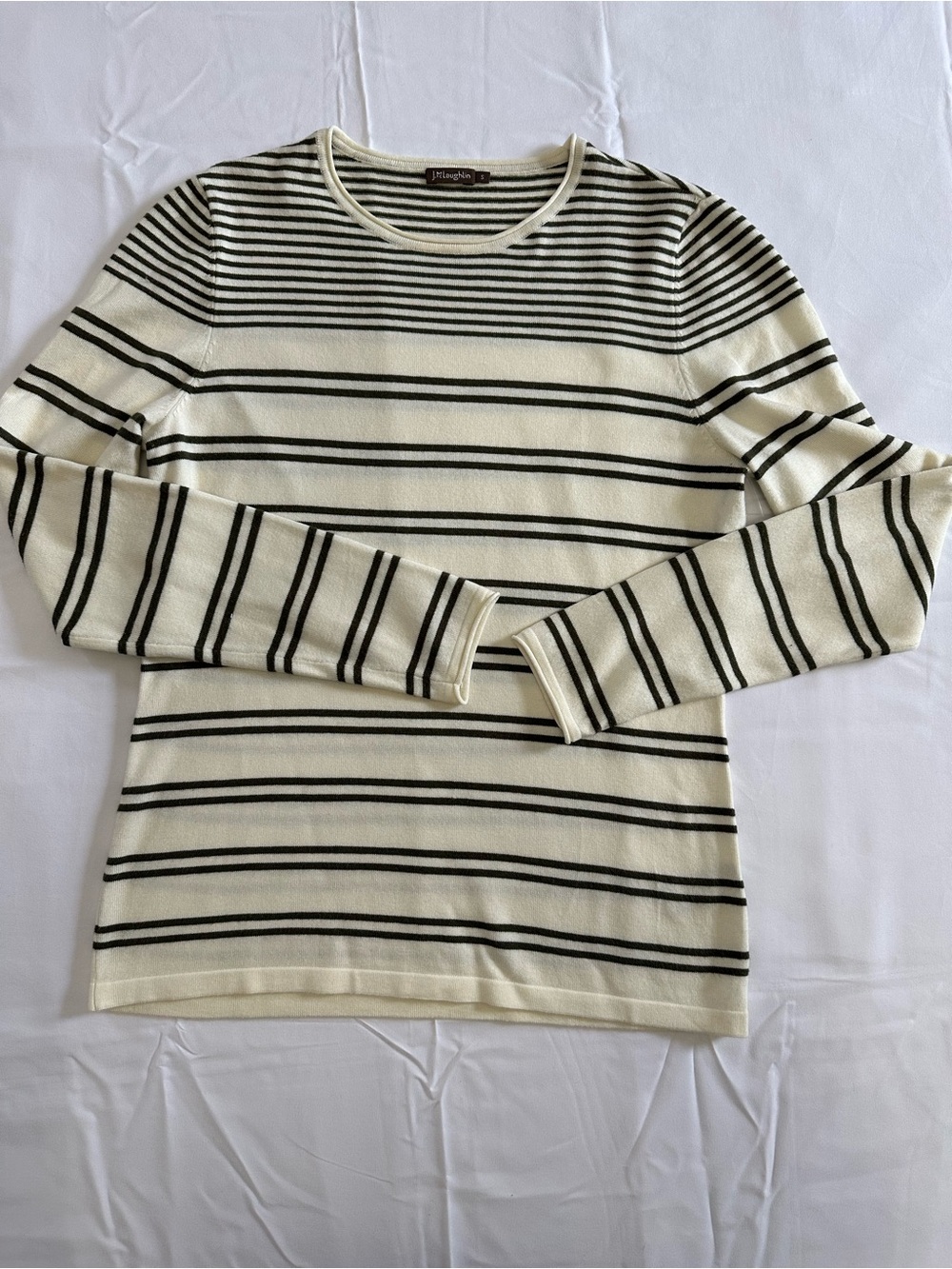 J. McLaughlin Cream and Black Striped Crewneck Sweater